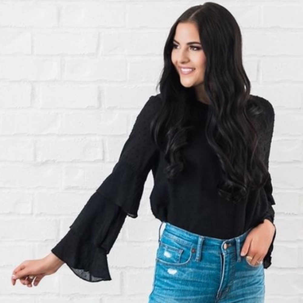 Rachel Parcell Swiss Dot Ruffle Sleeve Black Top